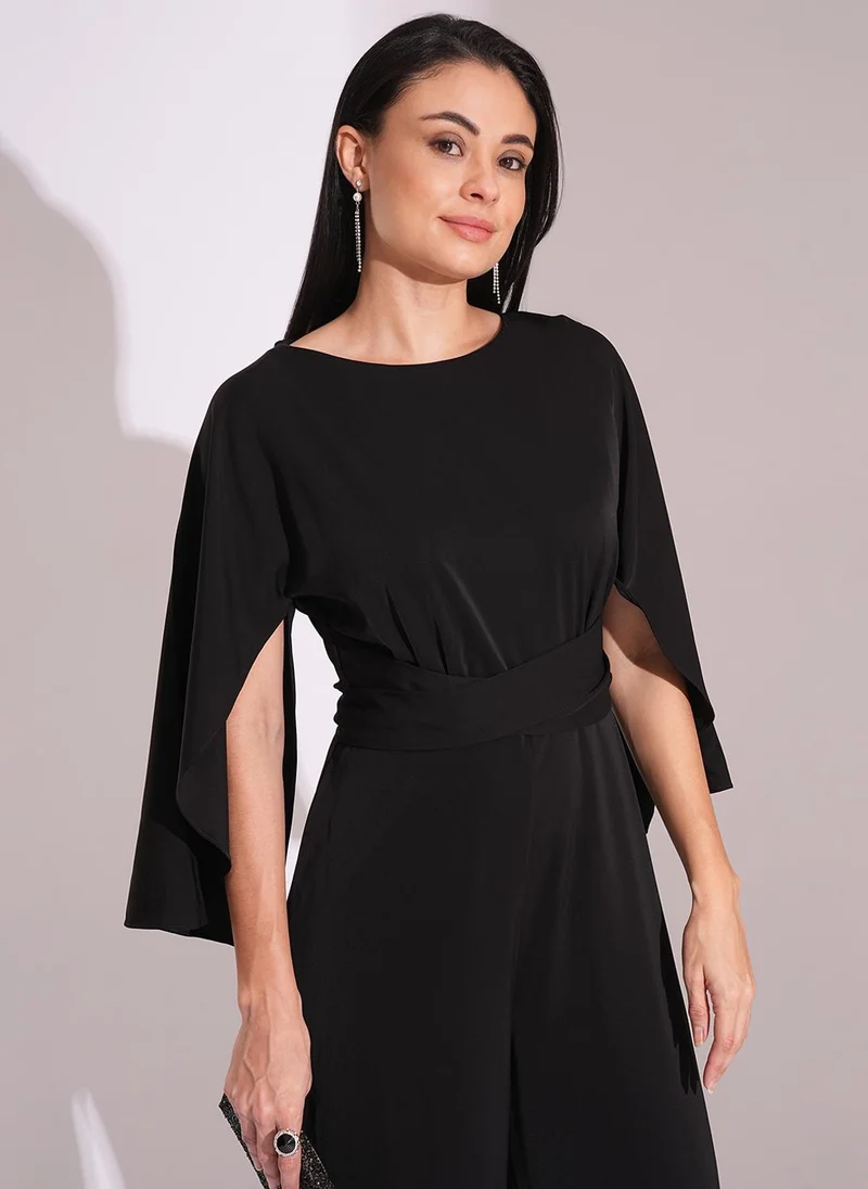 globus  Globus Women Boat Neck Cape Sleeves Tie-Up Detail Satin Party Jumpsuit for Women | Best Price UAE